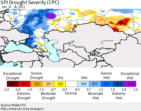 Russian Federation SPI Drought Severity (CPC) Thematic Map For 4/21/2023 - 4/30/2023