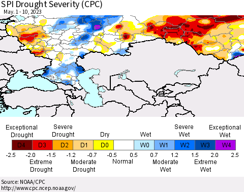 Russian Federation SPI Drought Severity (CPC) Thematic Map For 5/1/2023 - 5/10/2023
