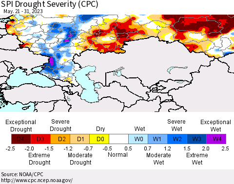 Russian Federation SPI Drought Severity (CPC) Thematic Map For 5/21/2023 - 5/31/2023