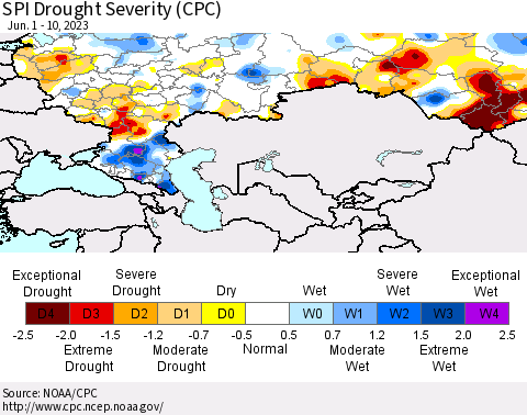 Russian Federation SPI Drought Severity (CPC) Thematic Map For 6/1/2023 - 6/10/2023