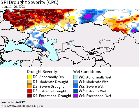 Russian Federation SPI Drought Severity (CPC) Thematic Map For 6/11/2023 - 6/20/2023