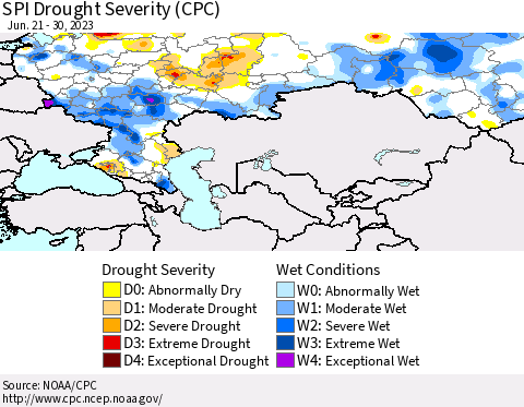 Russian Federation SPI Drought Severity (CPC) Thematic Map For 6/21/2023 - 6/30/2023