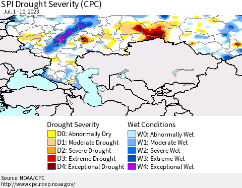 Russian Federation SPI Drought Severity (CPC) Thematic Map For 7/1/2023 - 7/10/2023