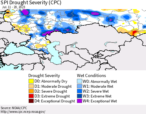 Russian Federation SPI Drought Severity (CPC) Thematic Map For 7/11/2023 - 7/20/2023