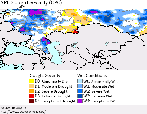 Russian Federation SPI Drought Severity (CPC) Thematic Map For 7/21/2023 - 7/31/2023