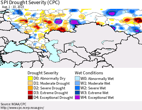 Russian Federation SPI Drought Severity (CPC) Thematic Map For 8/1/2023 - 8/10/2023