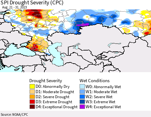 Russian Federation SPI Drought Severity (CPC) Thematic Map For 8/21/2023 - 8/31/2023