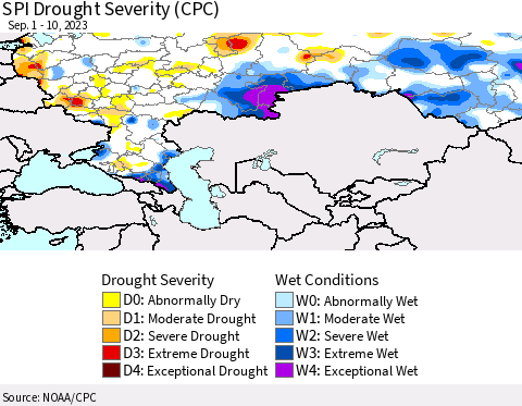 Russian Federation SPI Drought Severity (CPC) Thematic Map For 9/1/2023 - 9/10/2023