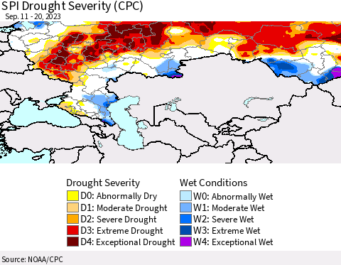 Russian Federation SPI Drought Severity (CPC) Thematic Map For 9/11/2023 - 9/20/2023
