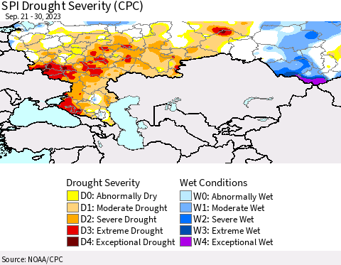Russian Federation SPI Drought Severity (CPC) Thematic Map For 9/21/2023 - 9/30/2023