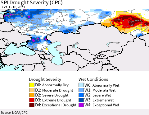 Russian Federation SPI Drought Severity (CPC) Thematic Map For 10/1/2023 - 10/10/2023