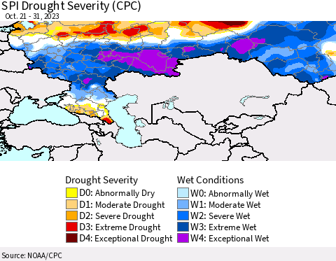 Russian Federation SPI Drought Severity (CPC) Thematic Map For 10/21/2023 - 10/31/2023