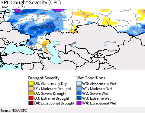 Russian Federation SPI Drought Severity (CPC) Thematic Map For 11/1/2023 - 11/10/2023