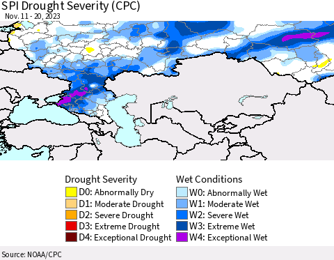 Russian Federation SPI Drought Severity (CPC) Thematic Map For 11/11/2023 - 11/20/2023