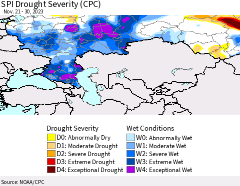 Russian Federation SPI Drought Severity (CPC) Thematic Map For 11/21/2023 - 11/30/2023