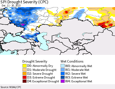Russian Federation SPI Drought Severity (CPC) Thematic Map For 12/11/2023 - 12/20/2023