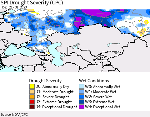 Russian Federation SPI Drought Severity (CPC) Thematic Map For 12/21/2023 - 12/31/2023