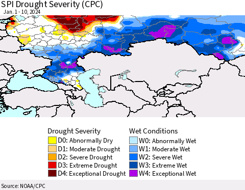 Russian Federation SPI Drought Severity (CPC) Thematic Map For 1/1/2024 - 1/10/2024
