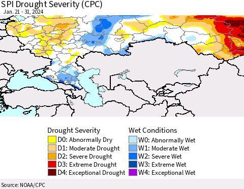 Russian Federation SPI Drought Severity (CPC) Thematic Map For 1/21/2024 - 1/31/2024