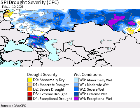 Russian Federation SPI Drought Severity (CPC) Thematic Map For 2/1/2024 - 2/10/2024