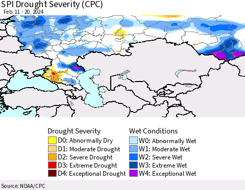 Russian Federation SPI Drought Severity (CPC) Thematic Map For 2/11/2024 - 2/20/2024