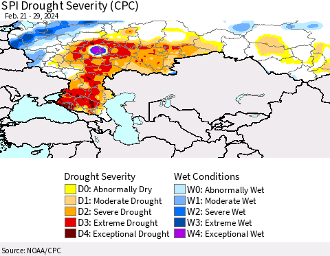 Russian Federation SPI Drought Severity (CPC) Thematic Map For 2/21/2024 - 2/29/2024