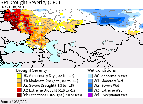 Russian Federation SPI Drought Severity (CPC) Thematic Map For 3/1/2024 - 3/10/2024