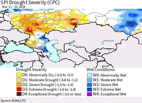 Russian Federation SPI Drought Severity (CPC) Thematic Map For 3/11/2024 - 3/20/2024
