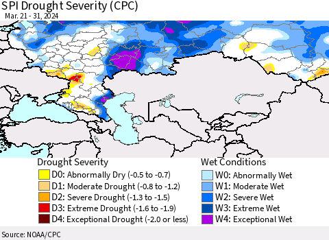 Russian Federation SPI Drought Severity (CPC) Thematic Map For 3/21/2024 - 3/31/2024