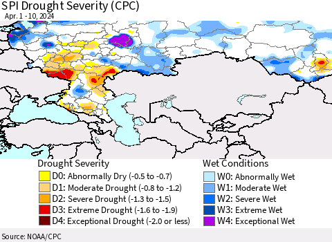 Russian Federation SPI Drought Severity (CPC) Thematic Map For 4/1/2024 - 4/10/2024