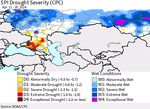 Russian Federation SPI Drought Severity (CPC) Thematic Map For 4/11/2024 - 4/20/2024