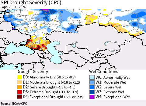 Russian Federation SPI Drought Severity (CPC) Thematic Map For 4/21/2024 - 4/30/2024