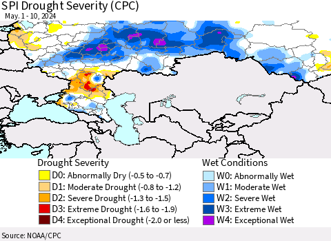 Russian Federation SPI Drought Severity (CPC) Thematic Map For 5/1/2024 - 5/10/2024