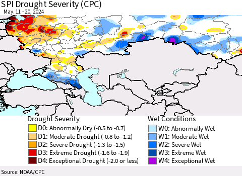 Russian Federation SPI Drought Severity (CPC) Thematic Map For 5/11/2024 - 5/20/2024