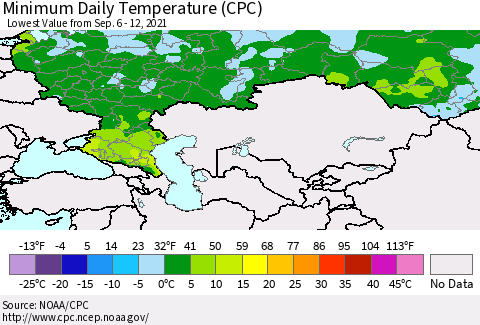 Russian Federation Minimum Daily Temperature (CPC) Thematic Map For 9/6/2021 - 9/12/2021