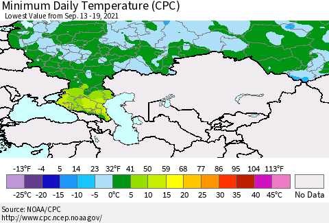 Russian Federation Minimum Daily Temperature (CPC) Thematic Map For 9/13/2021 - 9/19/2021