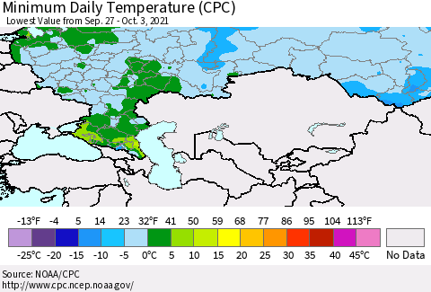 Russian Federation Minimum Daily Temperature (CPC) Thematic Map For 9/27/2021 - 10/3/2021