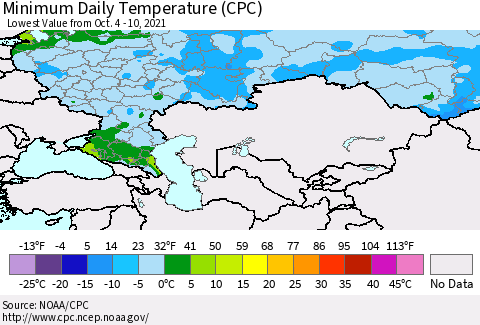 Russian Federation Minimum Daily Temperature (CPC) Thematic Map For 10/4/2021 - 10/10/2021