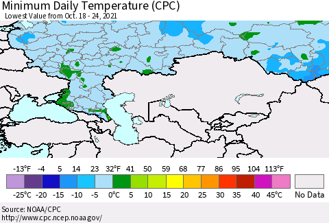 Russian Federation Minimum Daily Temperature (CPC) Thematic Map For 10/18/2021 - 10/24/2021