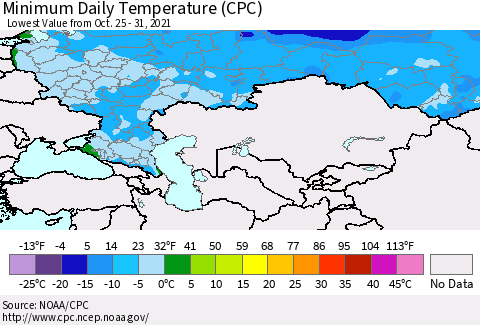 Russian Federation Minimum Daily Temperature (CPC) Thematic Map For 10/25/2021 - 10/31/2021