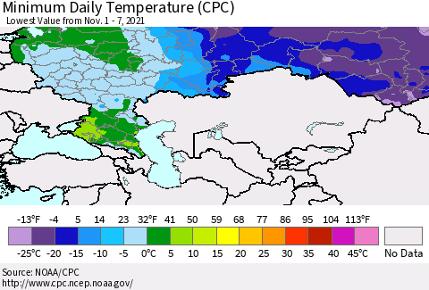Russian Federation Minimum Daily Temperature (CPC) Thematic Map For 11/1/2021 - 11/7/2021