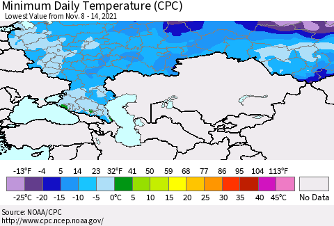 Russian Federation Minimum Daily Temperature (CPC) Thematic Map For 11/8/2021 - 11/14/2021