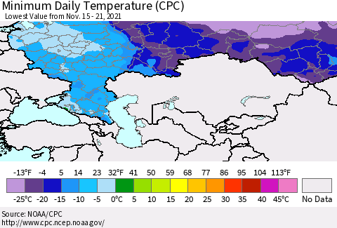 Russian Federation Minimum Daily Temperature (CPC) Thematic Map For 11/15/2021 - 11/21/2021