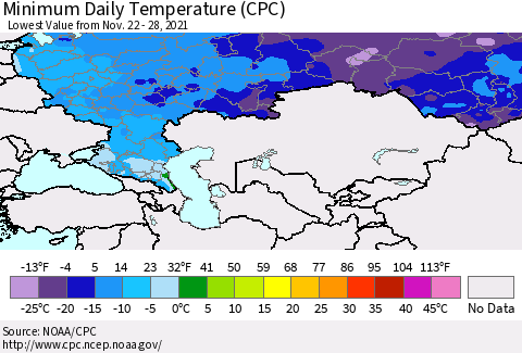 Russian Federation Minimum Daily Temperature (CPC) Thematic Map For 11/22/2021 - 11/28/2021
