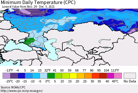 Russian Federation Minimum Daily Temperature (CPC) Thematic Map For 11/29/2021 - 12/5/2021
