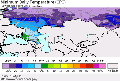 Russian Federation Minimum Daily Temperature (CPC) Thematic Map For 12/6/2021 - 12/12/2021