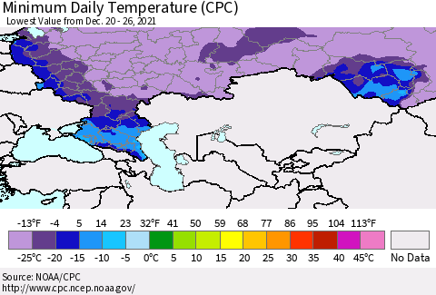 Russian Federation Minimum Daily Temperature (CPC) Thematic Map For 12/20/2021 - 12/26/2021