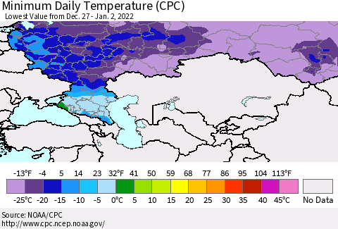 Russian Federation Minimum Daily Temperature (CPC) Thematic Map For 12/27/2021 - 1/2/2022