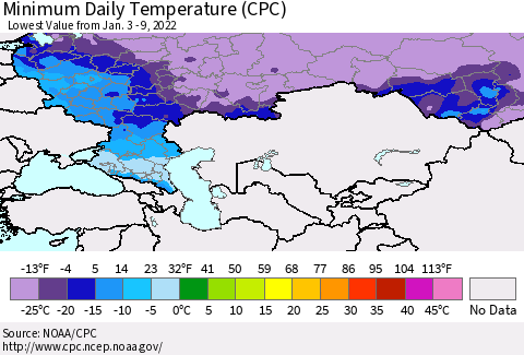 Russian Federation Minimum Daily Temperature (CPC) Thematic Map For 1/3/2022 - 1/9/2022