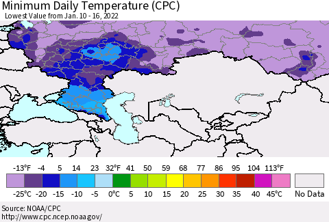 Russian Federation Minimum Daily Temperature (CPC) Thematic Map For 1/10/2022 - 1/16/2022